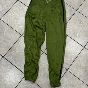 Anthropologie Green Satin Joggers with Button waistband